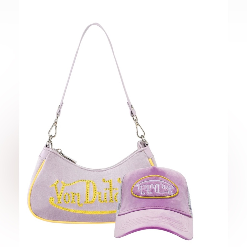 Von Dutch Velvet Purple Rhinestone Shoulder Bag & Trucker Hat Bundle NWT